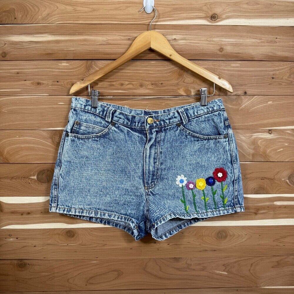 Super Jeans Acid Wash Denim Shorts Crochet Flowers High Waist size 34